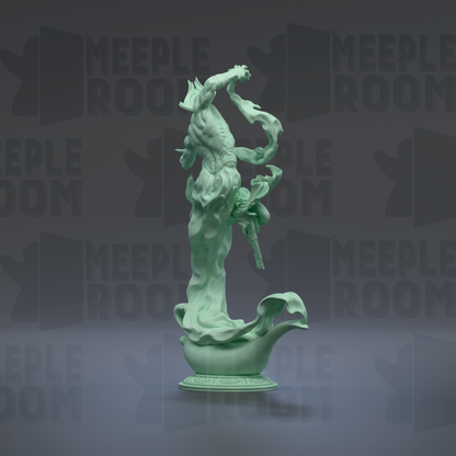 A green statue of a figure with flowing robes and a flowing headdress, standing on a pedestal.