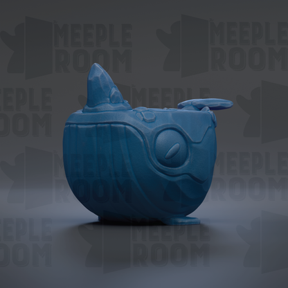 A blue, 3D-rendered whale figurine is shown against a dark background with repeated text.