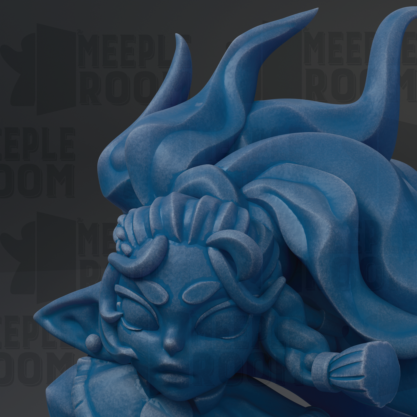 A close-up view of a blue, abstract sculpture with flowing, organic shapes and a stylized face.
