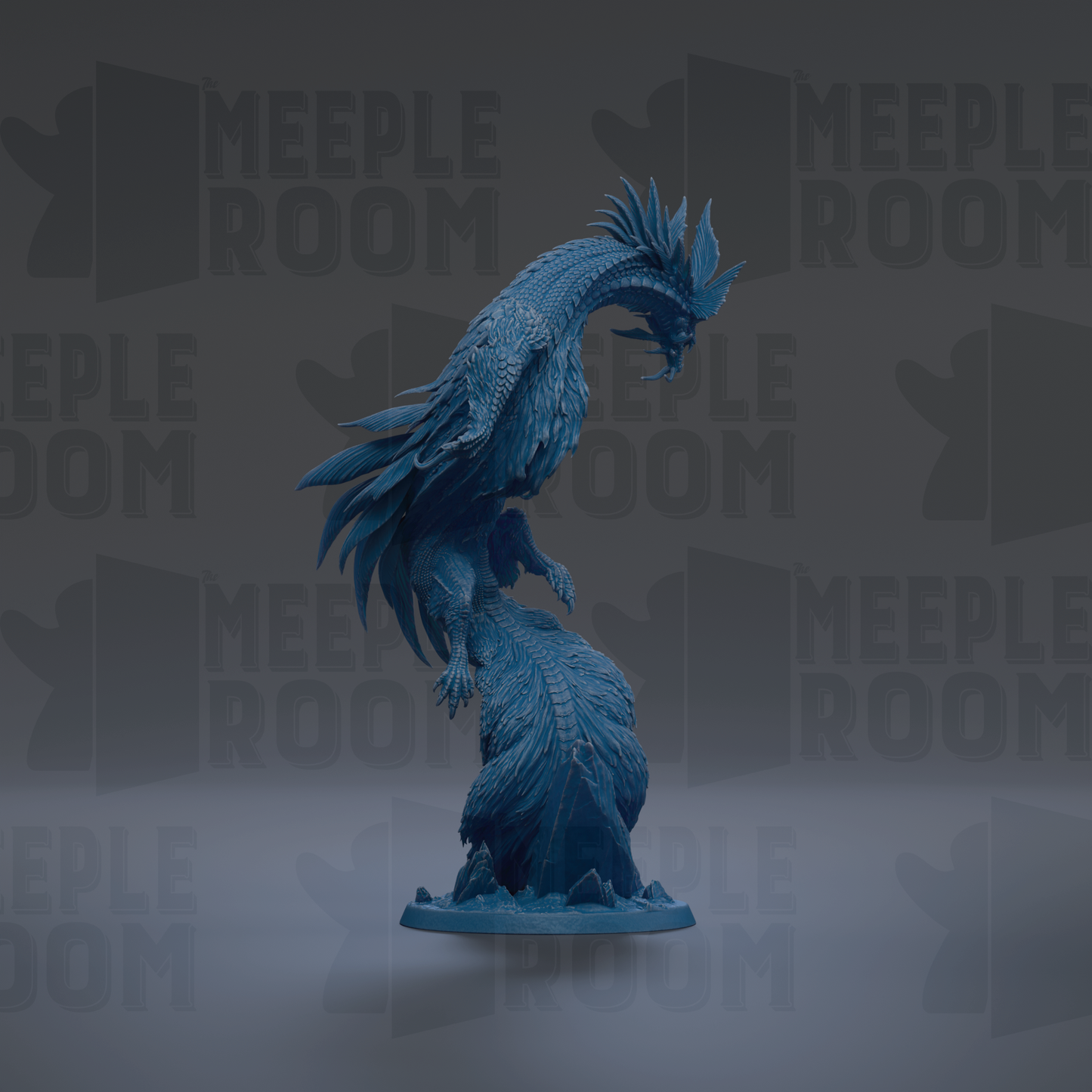 A blue, fantastical creature resembling a dragon or mythical being, with intricate details and a majestic appearance, is the central focus of the image.