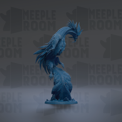 A blue, fantastical creature resembling a dragon or mythical being, with intricate details and a majestic appearance, is the central focus of the image.