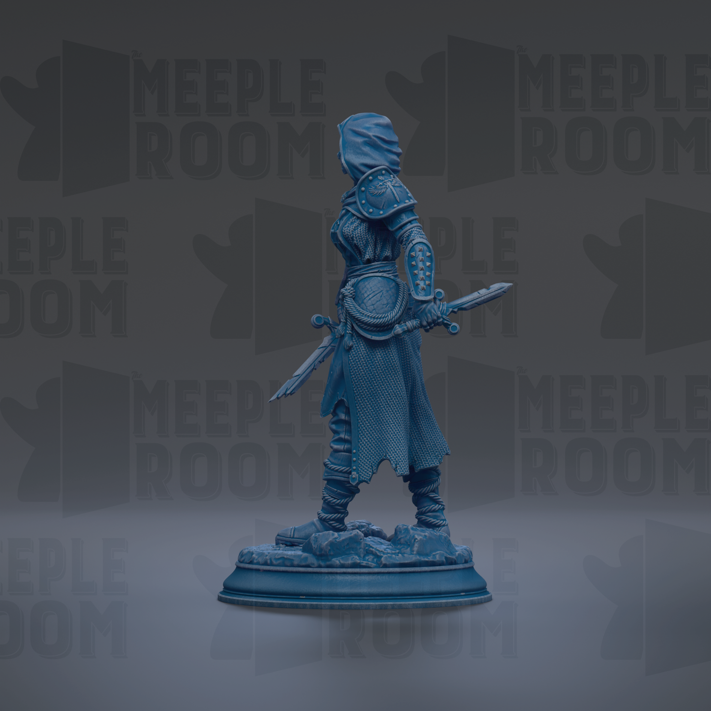A blue statue of a warrior figure holding a sword and shield stands on a pedestal against a dark background with repeated "MEIPLE ROOM" text.