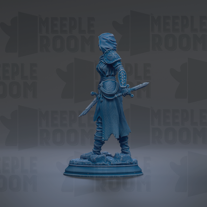 A blue statue of a warrior figure holding a sword and shield stands on a pedestal against a dark background with repeated "MEIPLE ROOM" text.