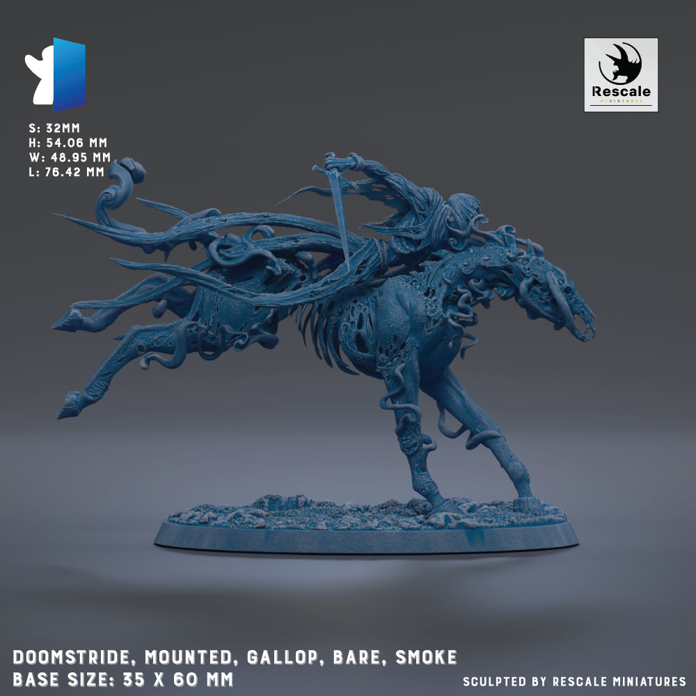 a 3D printed miniature of a fantastical creature, featuring a mounted galloping horse with a bare, smoke-like appearance. The base size of the model is 35 x 60 mm.