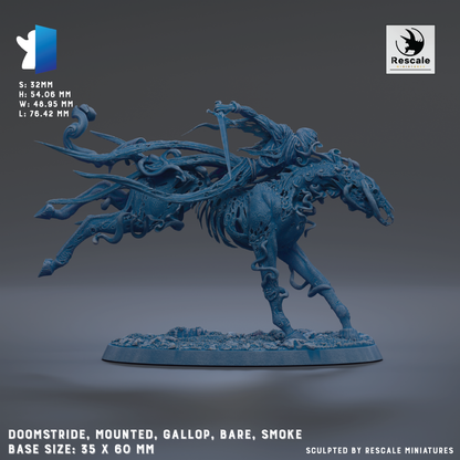 a 3D printed miniature of a fantastical creature, featuring a mounted galloping horse with a bare, smoke-like appearance. The base size of the model is 35 x 60 mm.