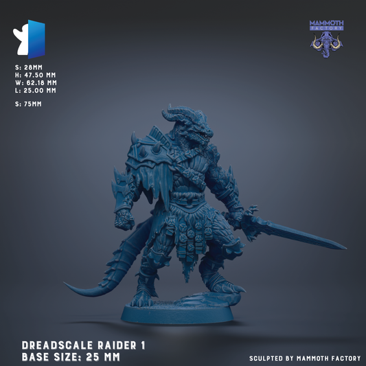 a blue, armored figure holding a sword, likely representing a Dreadscale RAIDER 1 character from the Mammoth Factory.