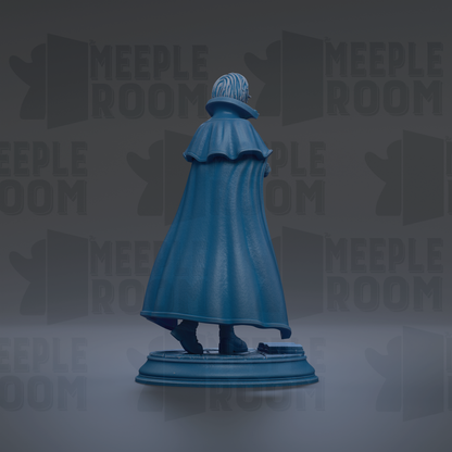 A blue statue of a person wearing a cape, standing on a pedestal against a dark background with repeated "MEUPLE ROOM" text.