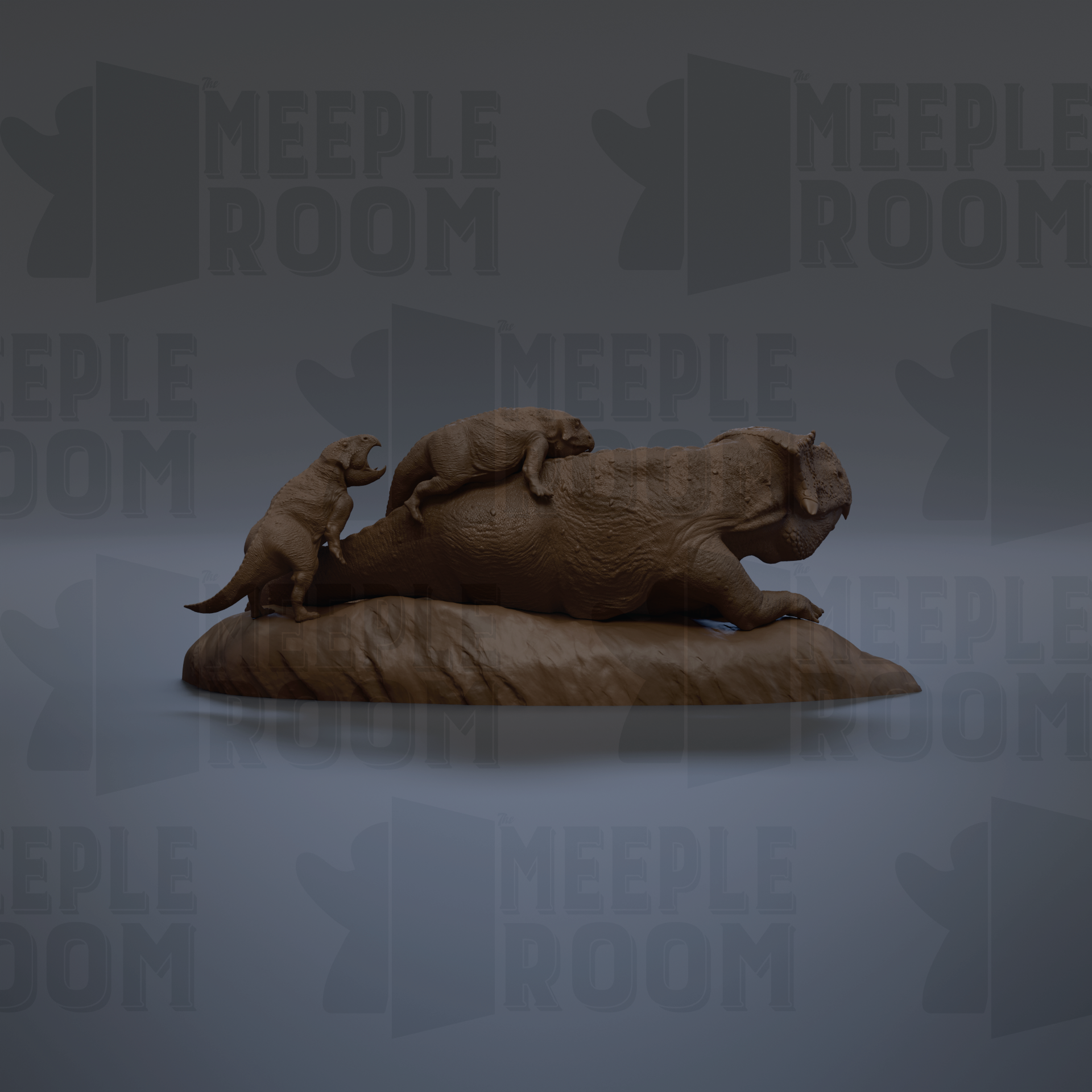 a sculpture of two animals, one larger and one smaller, sitting on a rock.
