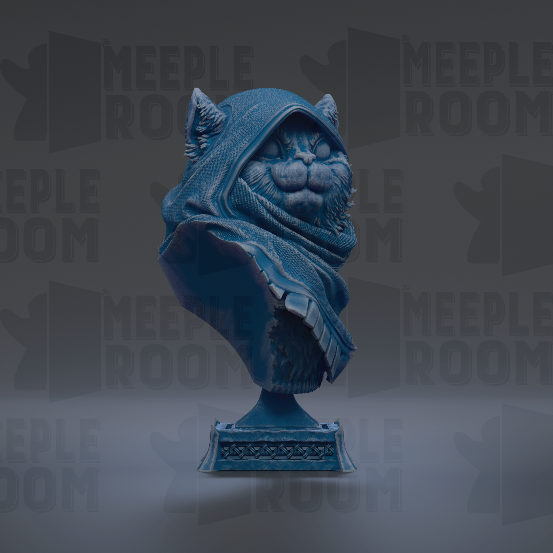 A blue bust of a cat wearing a hooded scarf, displayed against a dark background with repeated text.