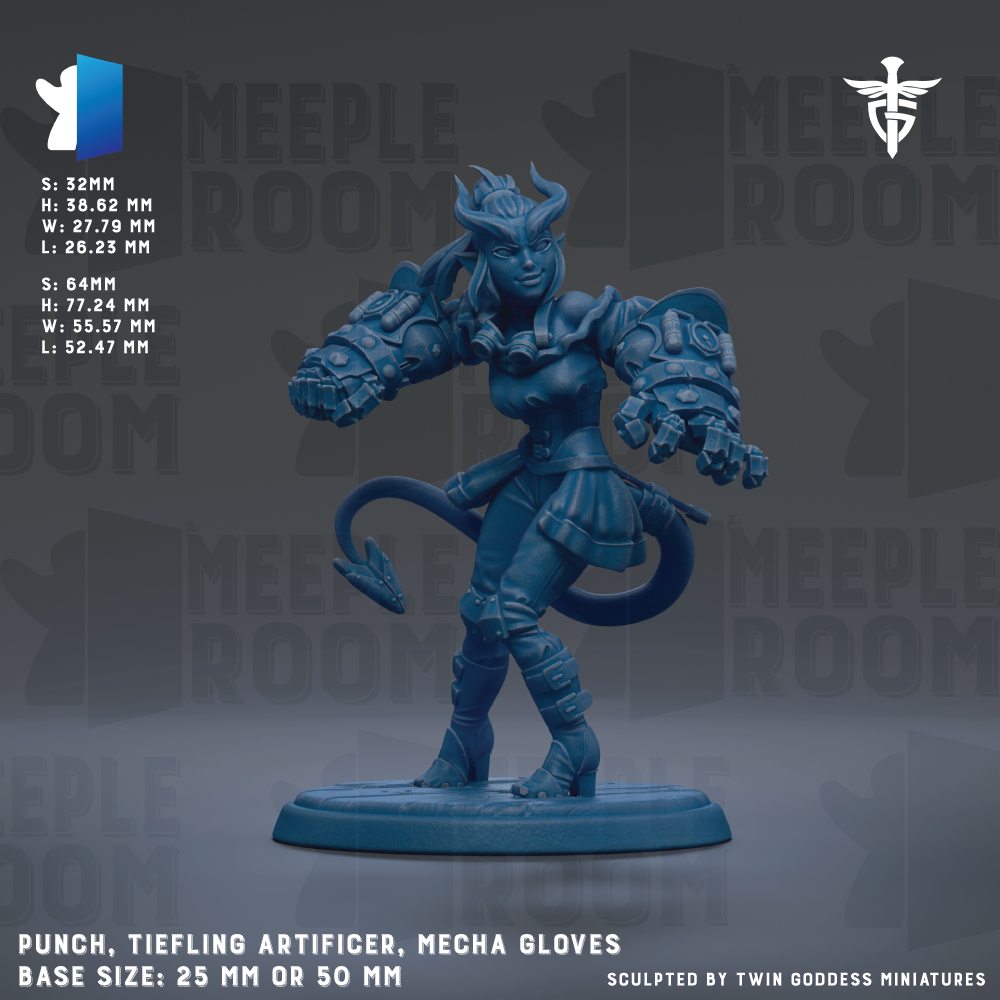 The image is a detailed 3D model of a Punch, Tiefling Artificer, and Mecha Gloves, with a base size of 25mm or 50mm. The character is shown in a dynamic pose, with the character's hands and feet spread out, and the character's head tilted to the side. The background features the repeating text "MEIPLE ROOM" in a stylized font.