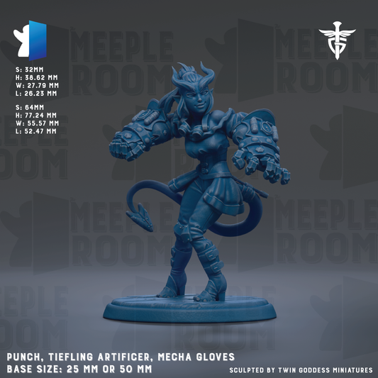 The image is a detailed 3D model of a Punch, Tiefling Artificer, and Mecha Gloves, with a base size of 25mm or 50mm. The character is shown in a dynamic pose, with the character's hands and feet spread out, and the character's head tilted to the side. The background features the repeating text "MEIPLE ROOM" in a stylized font.