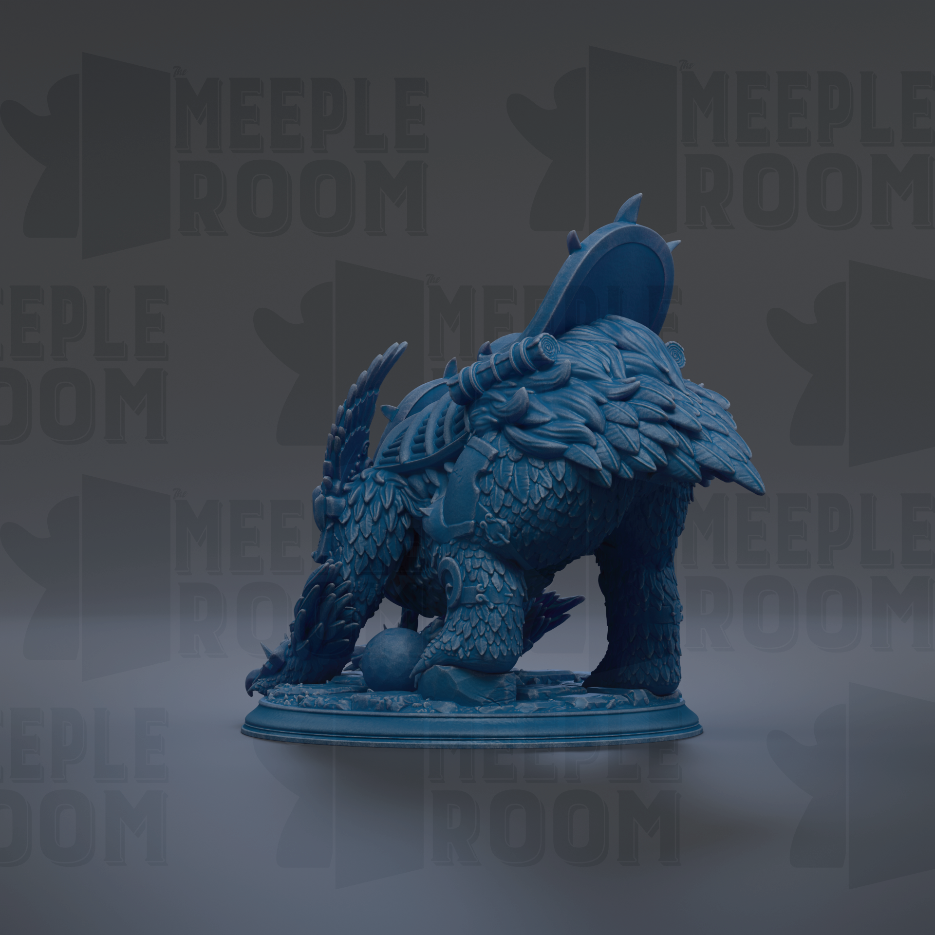 A blue, 3D-rendered figurine of a fantastical creature, possibly a dragon or serpent, is shown against a dark background with repeated text.
