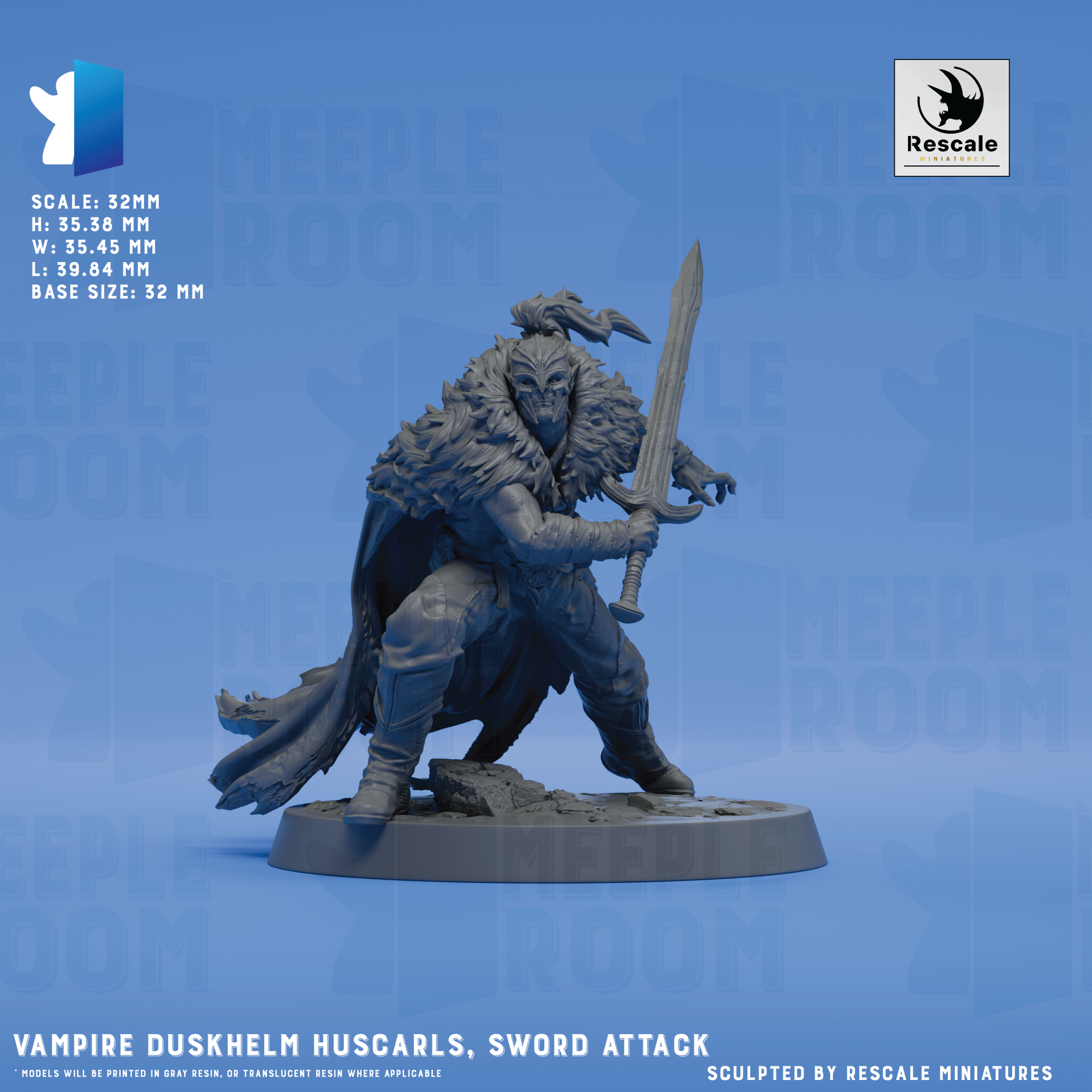 a detailed sculpture of a warrior figure, specifically a vampire named Duskhelm Huscarls, holding a sword and standing in a fighting stance. The sculpture is made of a dark material and is displayed on a base. The image is a collage of multiple images, and it is described as a "scale: 32mm" and "base size: 32mm". The sculpture is titled "Vampire Duskhelm Huscarls, Sword Attack", and it is described as being "sculpted by Rescue miniatures".