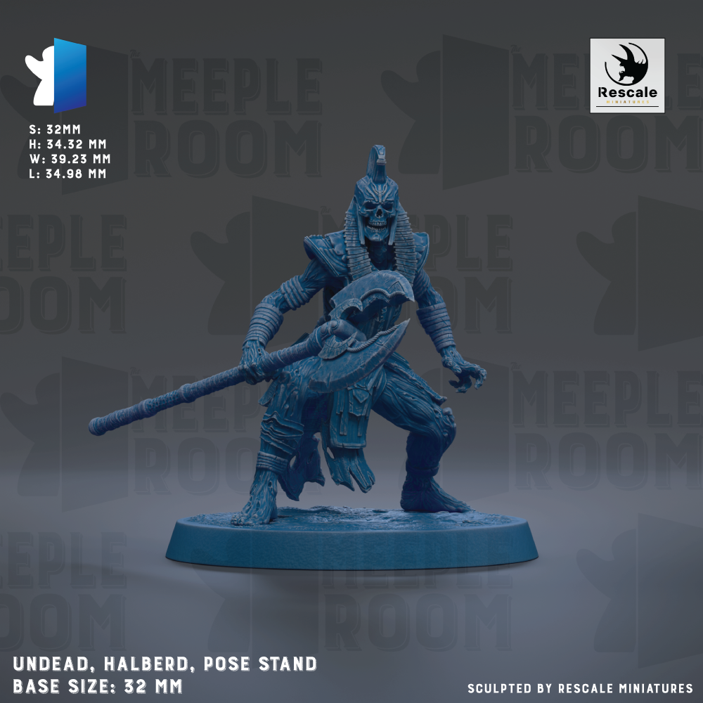a figurine of a warrior character, specifically the ancient Egyptian pharaoh, standing on a base and holding a spear. The figurine is posed in a fighting stance, ready for battle. The base size of the figurine is 32mm.