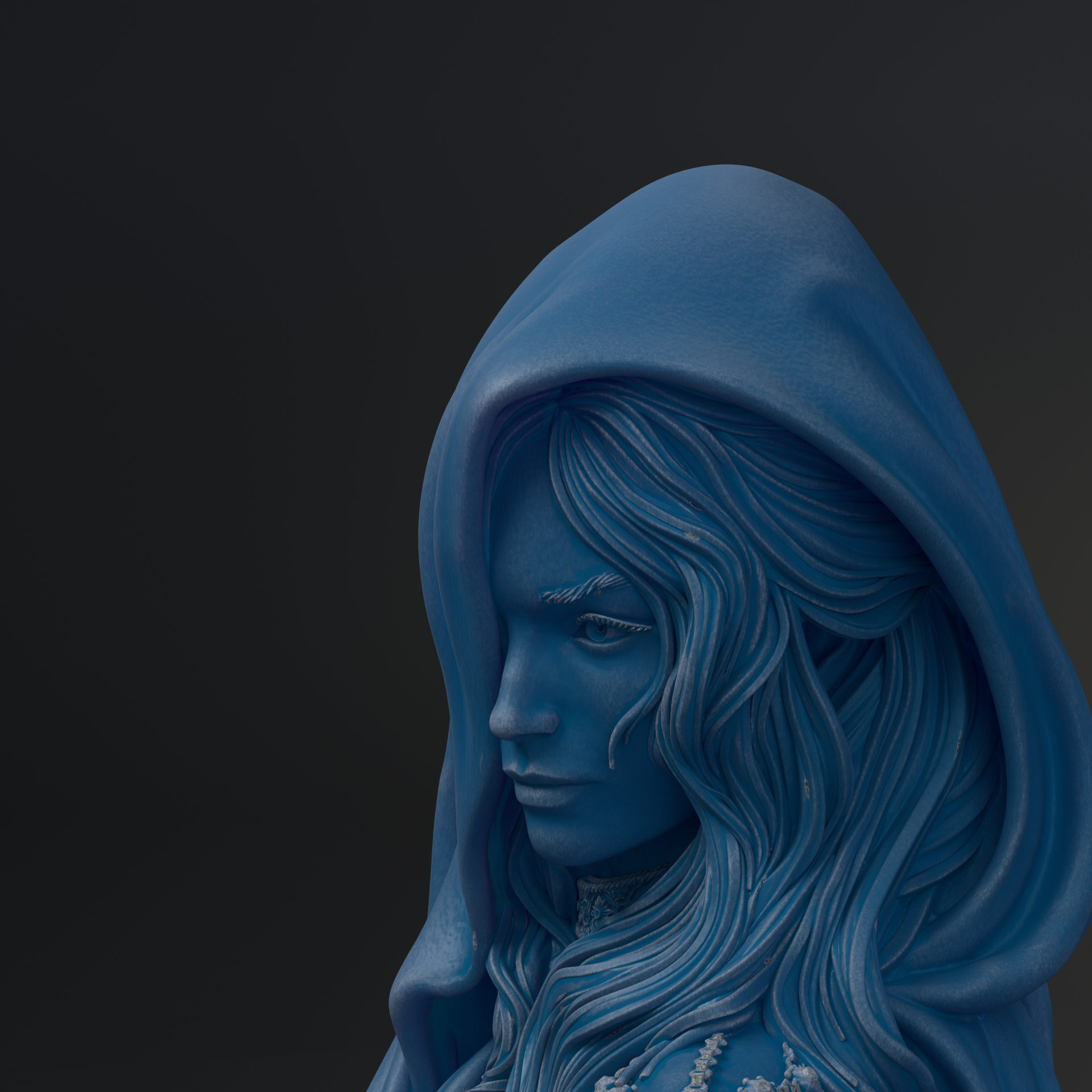 A close-up view of a blue, hooded statue depicting a woman's profile with flowing hair.