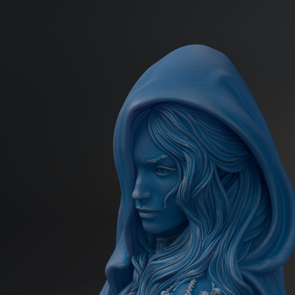 A close-up view of a blue, hooded statue depicting a woman's profile with flowing hair.