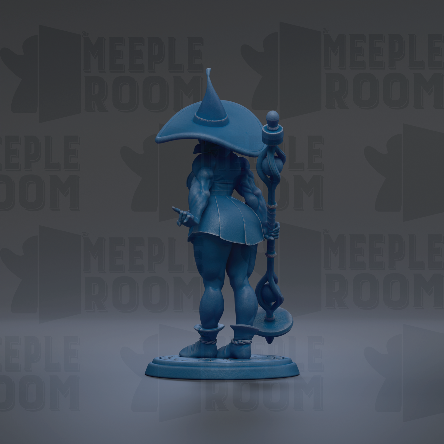 A blue figurine of a witch-like character holding a staff and a hat, standing on a platform against a dark background with repeated text.