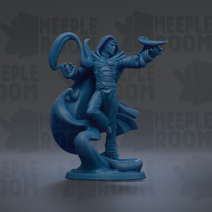 A blue figurine of a person with a hooded cloak and a pointed hat, standing on a platform and holding a weapon.