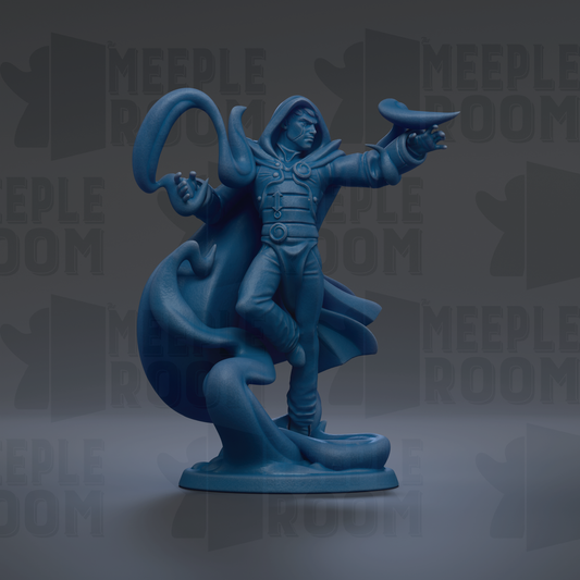 A blue figurine of a person with a hooded cloak and a pointed hat, standing on a platform and holding a weapon.