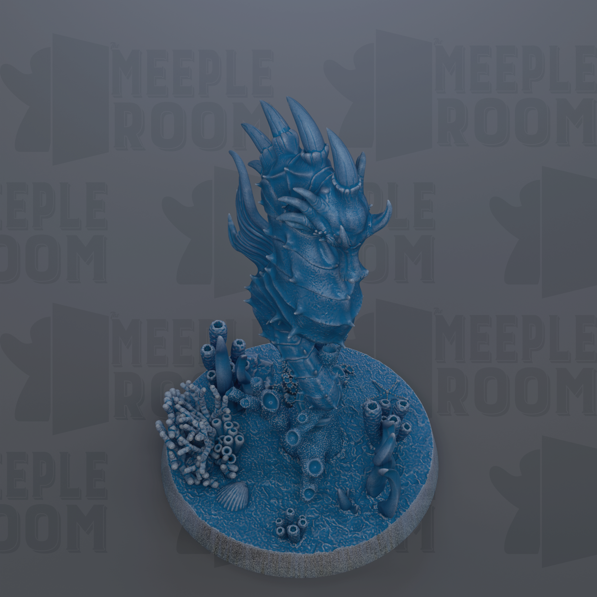 A 3D rendering of a blue, fantastical creature resembling a dragon or sea monster, with sharp teeth and a large head, standing on a circular base with various marine life elements.