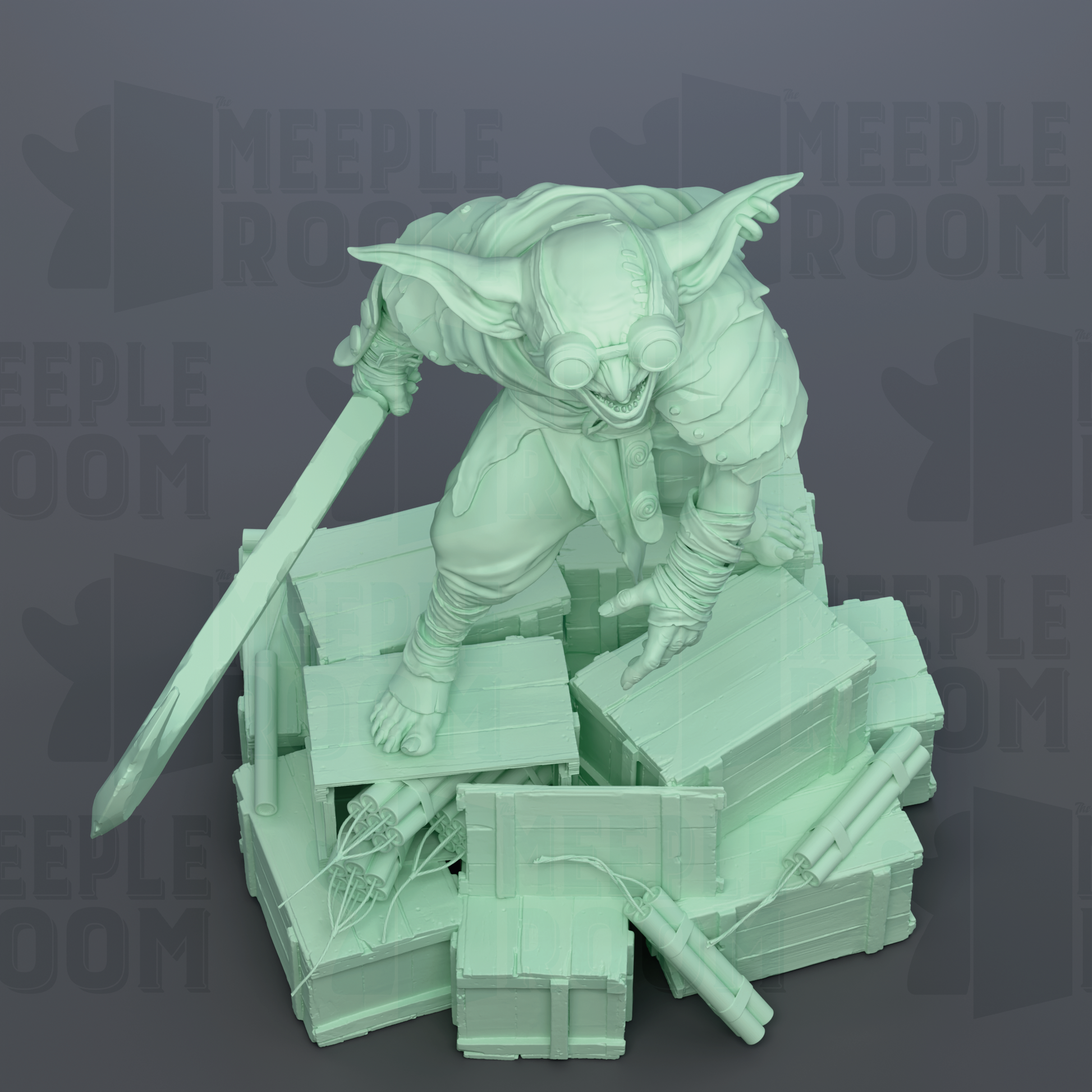 A green 3D model of a fantastical creature, possibly a gnome or gnome-like figure, standing on a pile of crates and holding a sword.