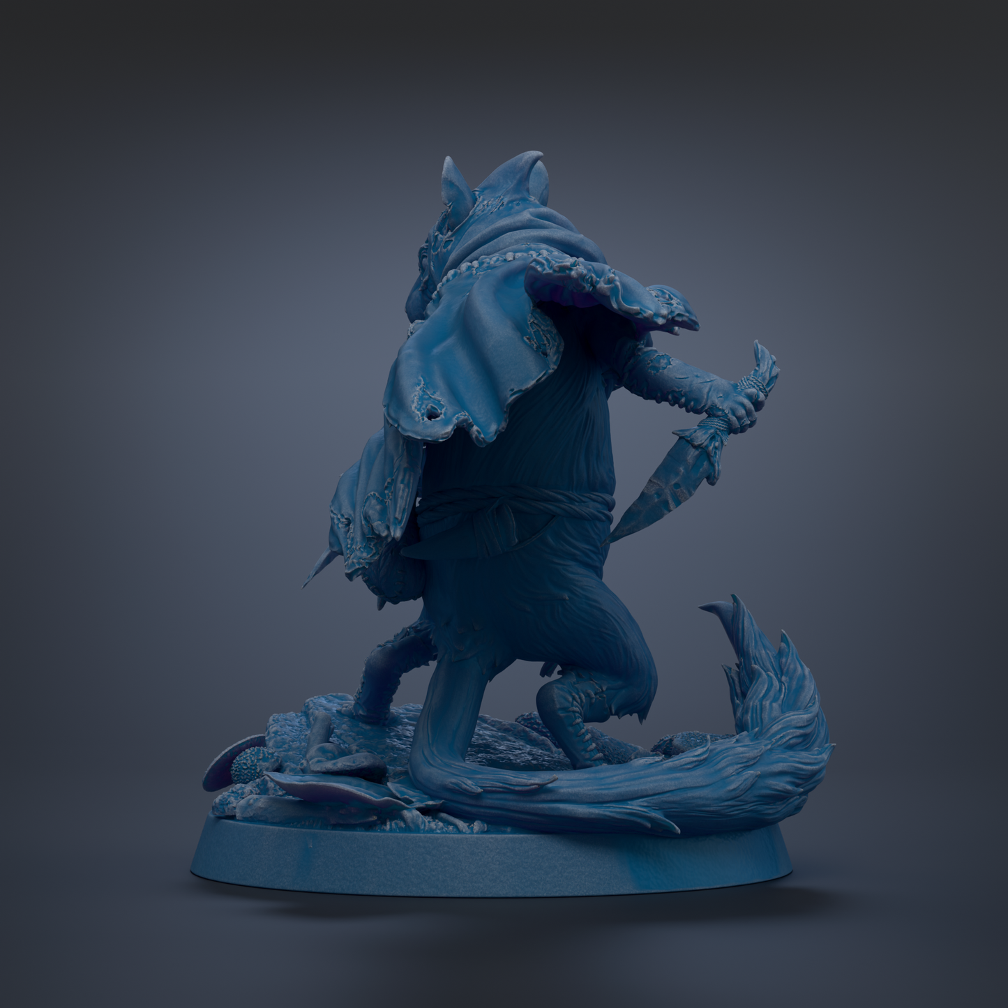 A 3D rendering of a blue, fantastical creature with a flowing cape and holding a weapon, standing on a rocky surface.