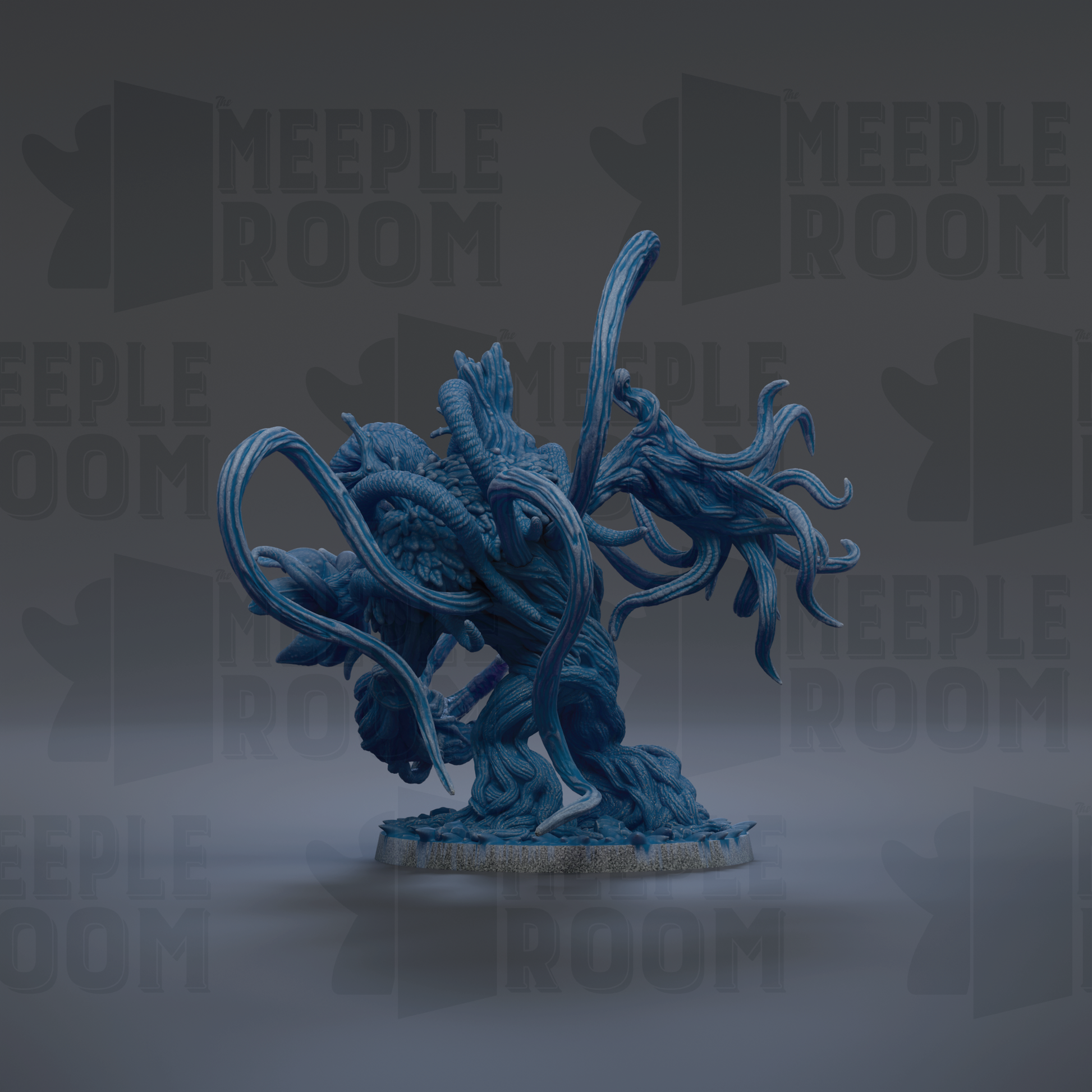A 3D rendering of a blue, organic-looking creature with long, flowing tentacles, resembling a fantastical or mythical being.