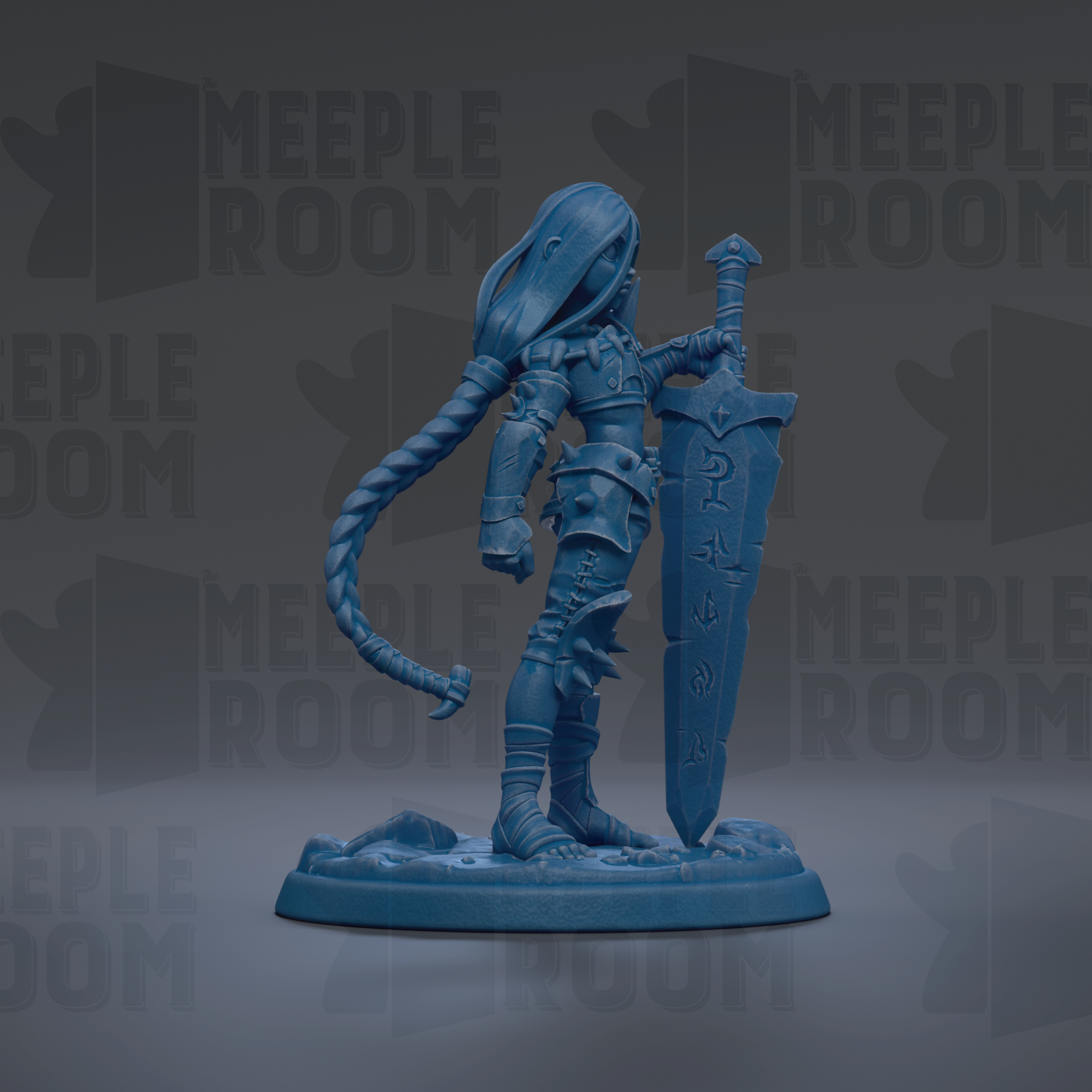 A blue figurine of a warrior standing on a base, holding a sword and shield.