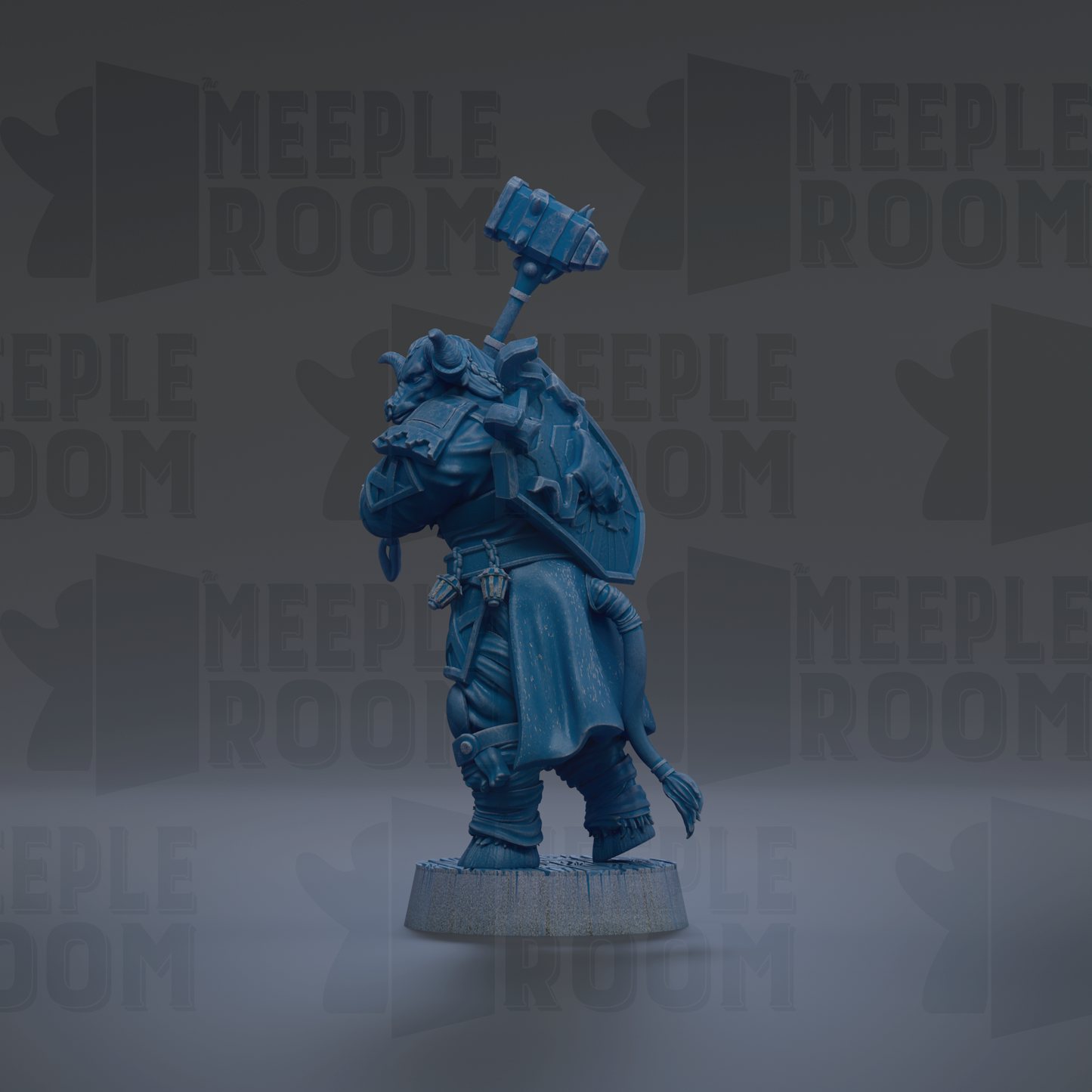 A blue figurine of a warrior standing on a pedestal, with the text "MEUPLE ROOM" repeated in the background.