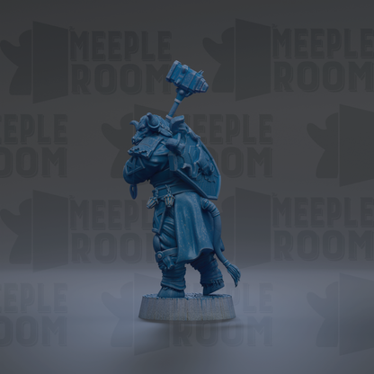 A blue figurine of a warrior standing on a pedestal, with the text "MEUPLE ROOM" repeated in the background.