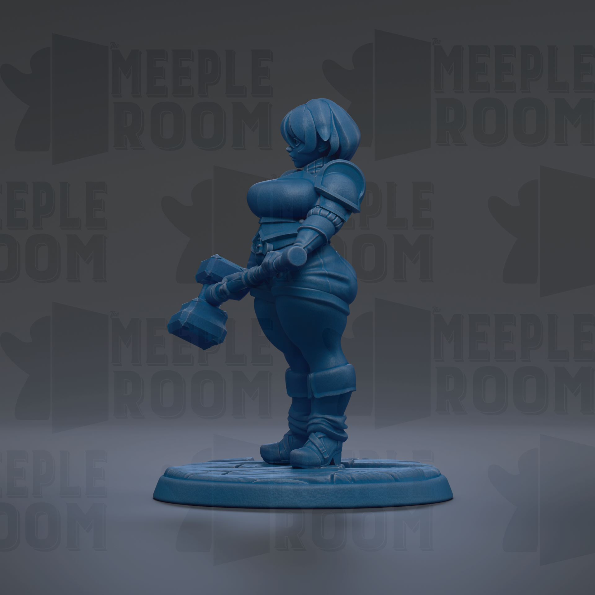 A blue figurine of a female character, possibly a warrior or princess, standing on a platform and holding a weapon.