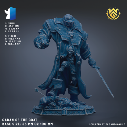 The image is a detailed 3D model of a large, imposing figure in a blue and black color scheme, standing on a base and holding a sword. The figure appears to be a character from a fantasy or science fiction setting, possibly from the game Gaban of the Coat. The image is described as a sculpture, and the base size is either 25mm or 100mm. The image is not a collage of multiple images, but a single, detailed representation of the character.