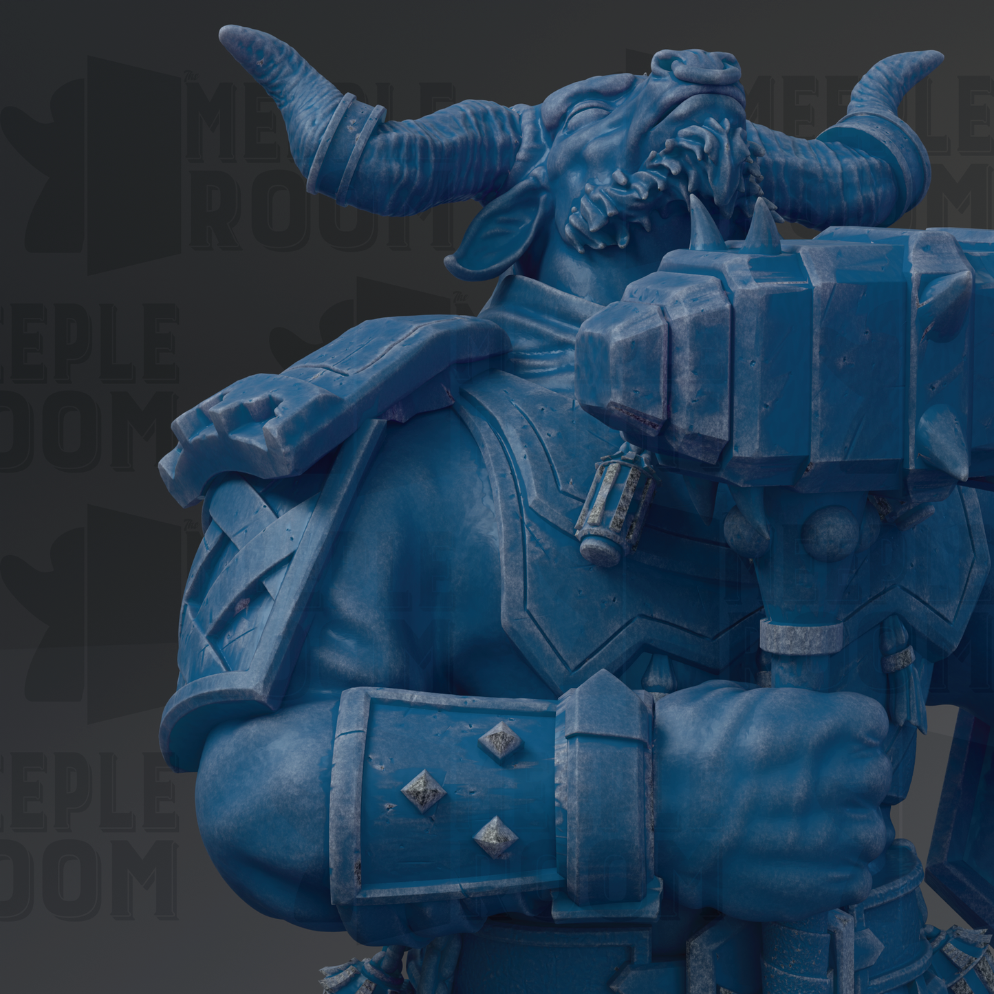 A blue, armored warrior figure with horns and a sword, standing in a dark background.
