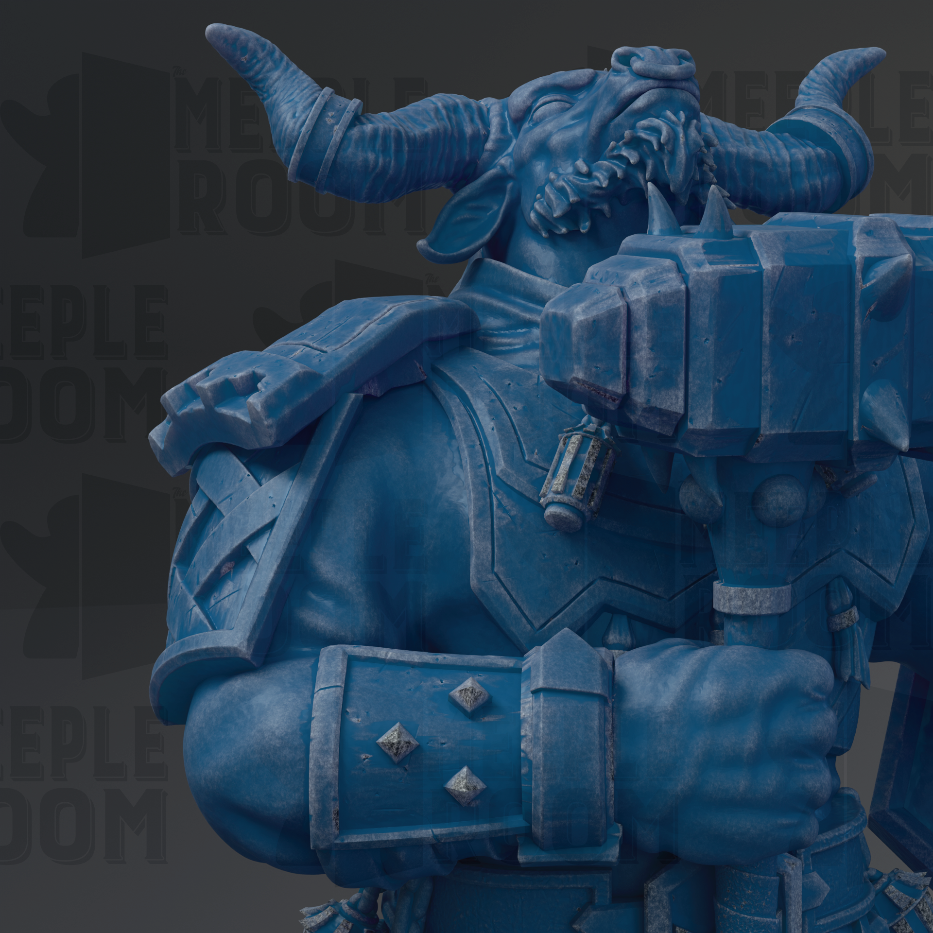 A blue, armored warrior figure with horns and a sword, standing in a dark background.