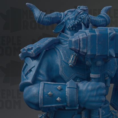 A blue, armored warrior figure with horns and a sword, standing in a dark background.
