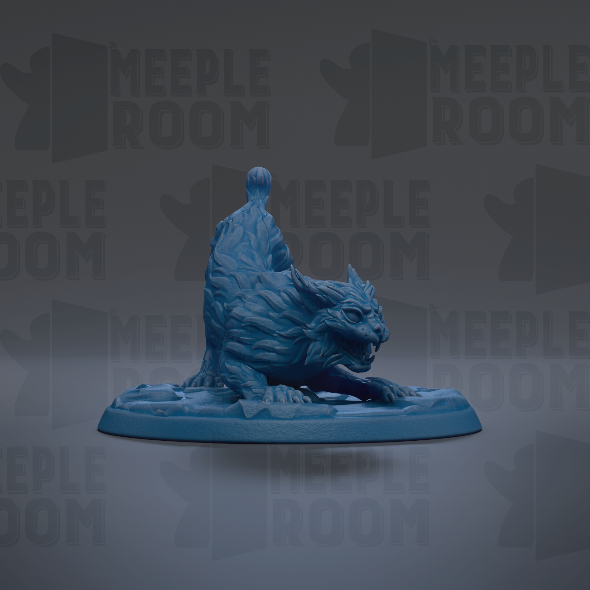 A blue, sculpted cat figurine is displayed on a blue base against a dark background with repeated "MEIPLE ROOM" text.