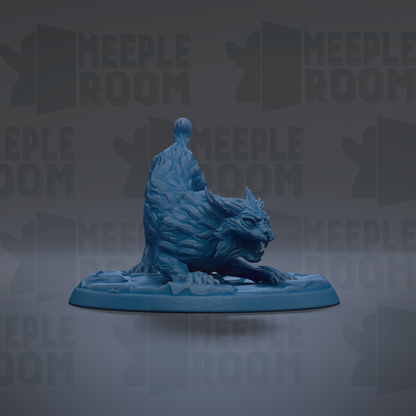 A blue, sculpted cat figurine is displayed on a blue base against a dark background with repeated "MEIPLE ROOM" text.