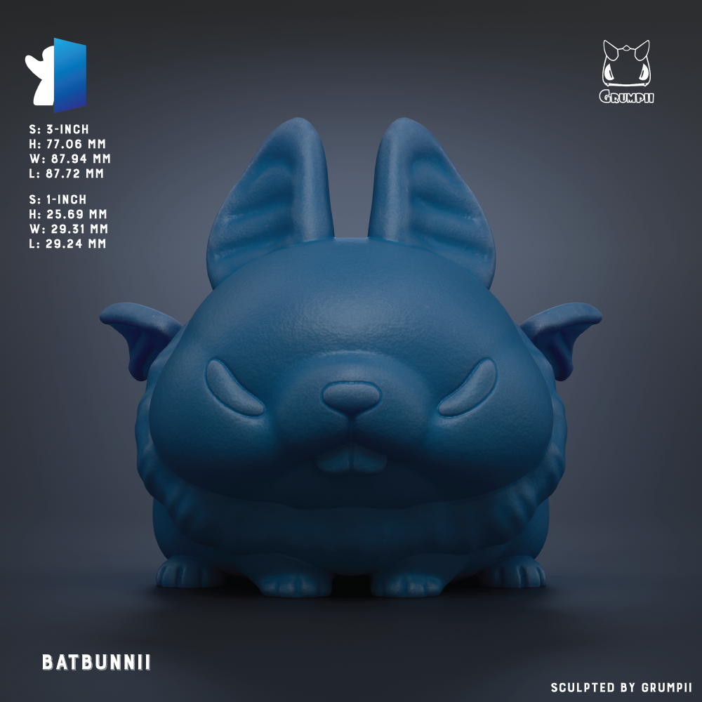 A 3D rendering of a blue bat-like creature with large ears and a small body, sitting on a dark background.