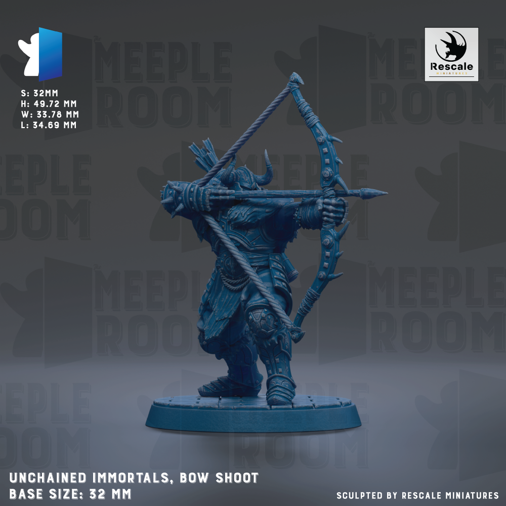 a detailed model of a bow-wielding warrior figure, likely a character from a fantasy or adventure game. The figure is shown in a dynamic pose, with the bow drawn back and the warrior ready for action. The base size of the figure is 32mm, and the image is described as a "sculpted by Rescue" piece, indicating that it is a professionally crafted miniature.