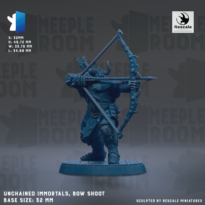 a detailed model of a bow-wielding warrior figure, likely a character from a fantasy or adventure game. The figure is shown in a dynamic pose, with the bow drawn back and the warrior ready for action. The base size of the figure is 32mm, and the image is described as a "sculpted by Rescue" piece, indicating that it is a professionally crafted miniature.