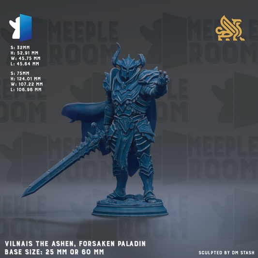 a detailed blue figurine of a knight, known as the Ashen, the Forsaken paladin, standing on a base and holding a sword. The figurine is described as a 25mm or 60mm base size, and it is sculpted by DM Stash. The image is a collage of multiple images, and it does not include any text.