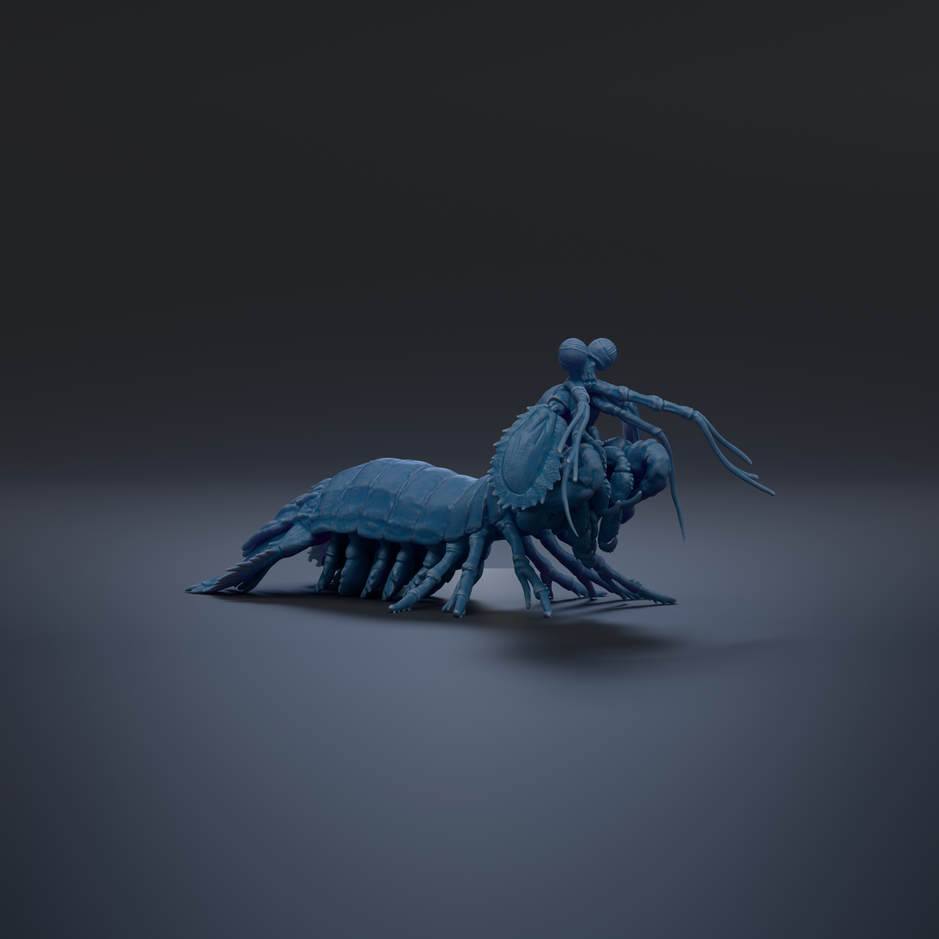 A 3D rendering of a blue mantis-like insect with a long, slender body and multiple legs, standing on a dark surface.