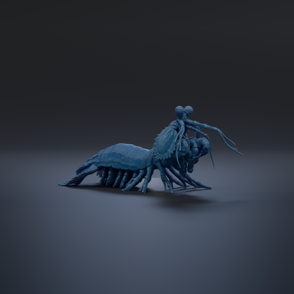 A 3D rendering of a blue mantis-like insect with a long, slender body and multiple legs, standing on a dark surface.