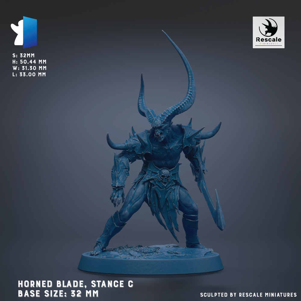 a horned blade, stance, or weapon, with the text "HORNED BLADE, STANCE C BASE SIZES: 32 MM" and "Sculpted by RESCALE MINIATURES" indicating its size and the sculptor.