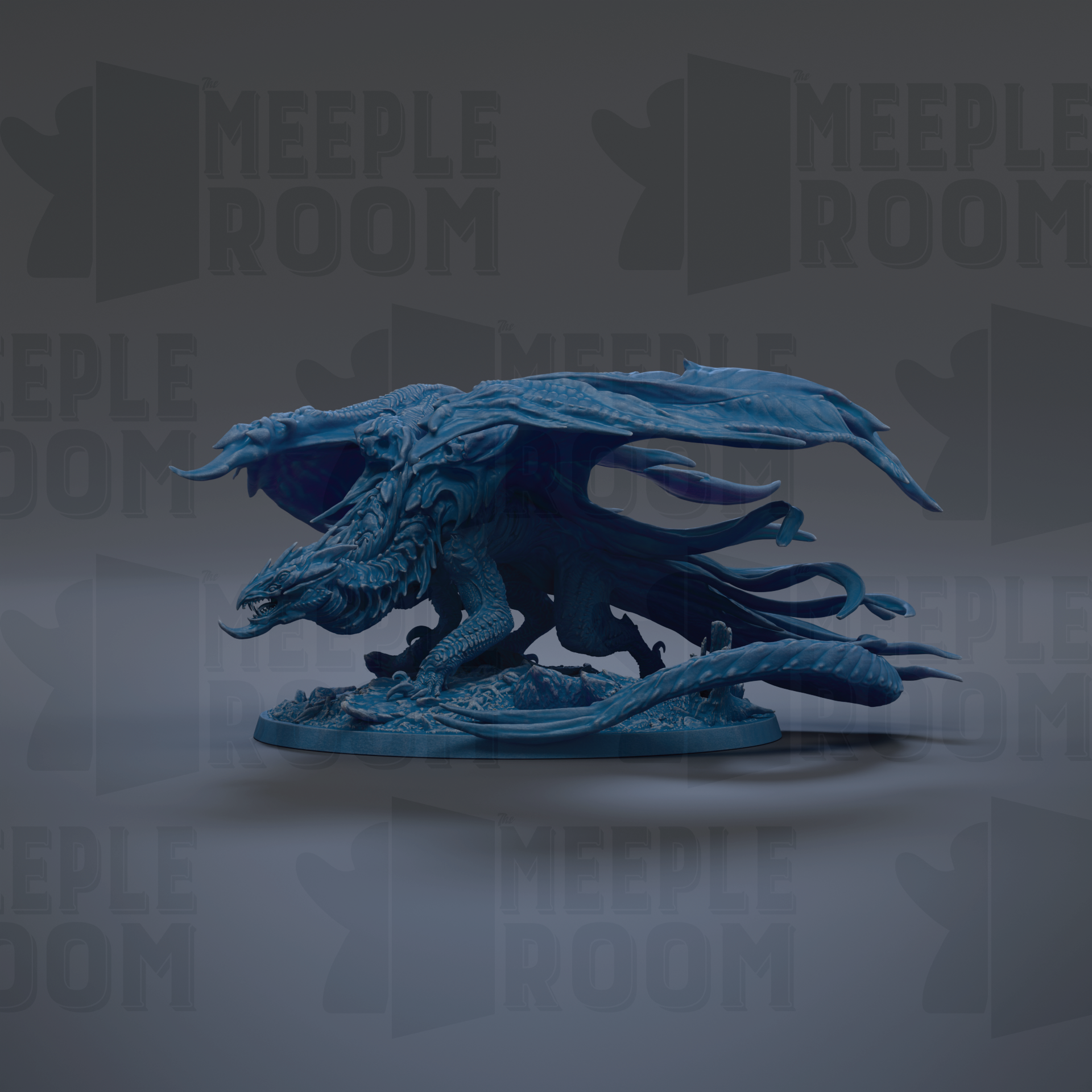 A blue dragon figurine is displayed against a dark background with repeated text.