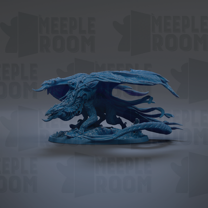 A blue dragon figurine is displayed against a dark background with repeated text.