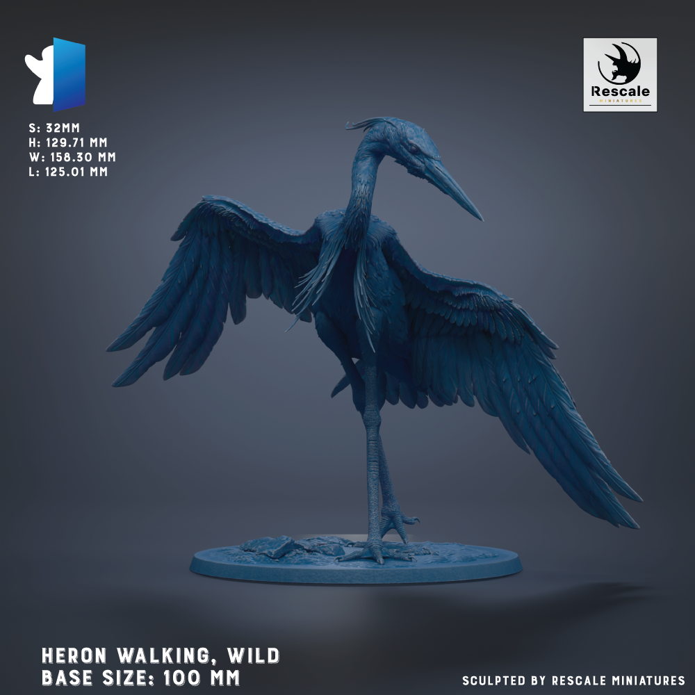 A large blue heron statue with outstretched wings, standing on a circular base.