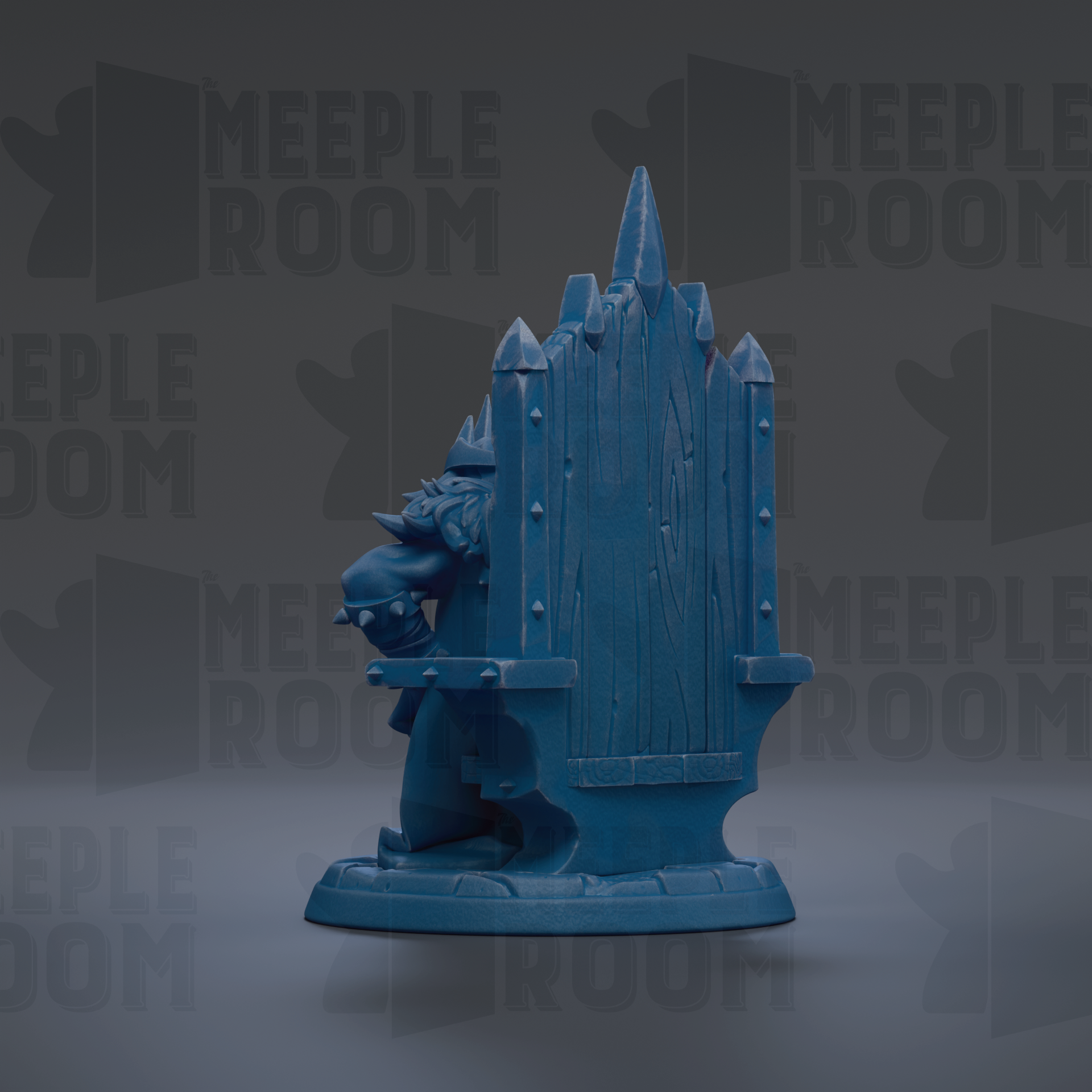 A blue figurine of a person sitting on a throne-like structure, with the text "MEEPLE ROOM" repeated in the background.