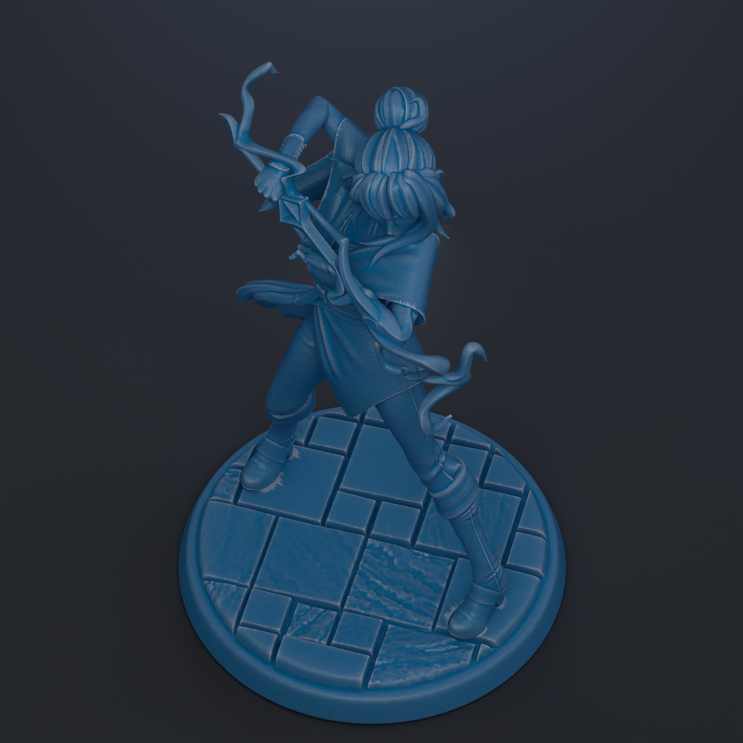 A 3D rendering of a blue-colored character with a bun hairstyle, standing on a blue platform with a geometric pattern.