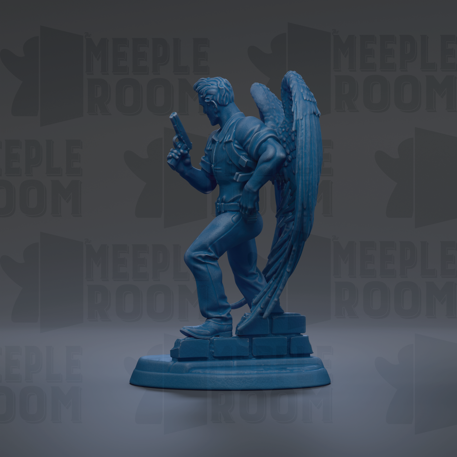 A blue statue of a man holding a gun and standing on a brick base, with a winged figure behind him.